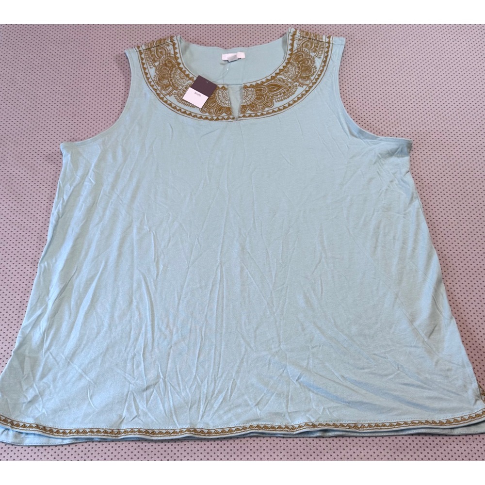 J. Jill Womens 1X Light Blue Gold Embroidered Sleeveless Scoop Neck Top NWT